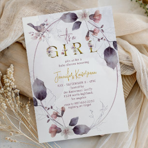 Invitación Baby Shower Bosque Encantado Pájaro Rosa Polvorien