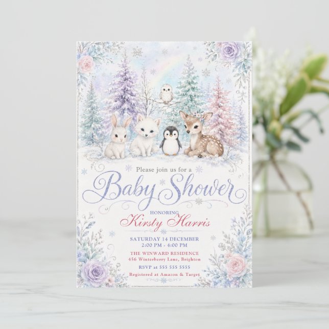 Invitación Baby Shower Bosque Invernal (Anverso de pie)