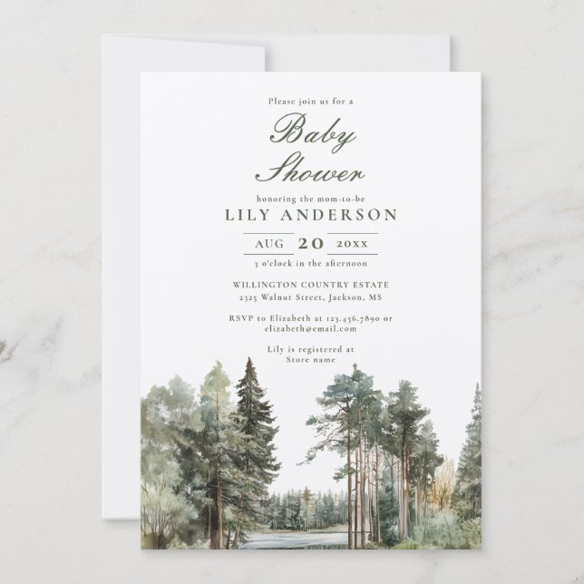 Invitación Baby Shower Bosque Lago Acuarela Rústico (Anverso)