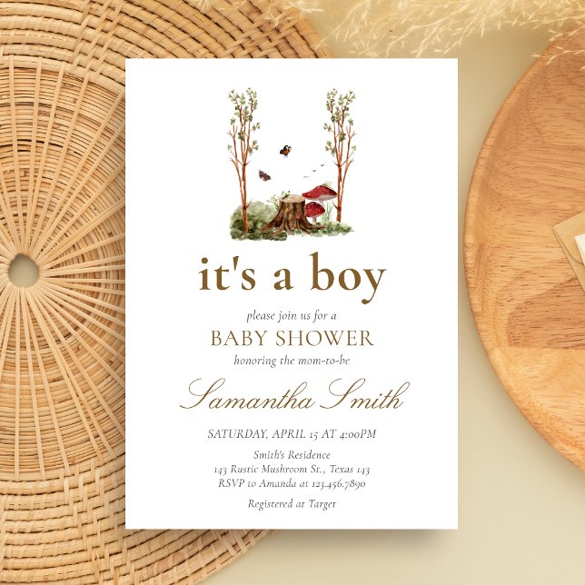 Invitación Baby Shower Bosque Rústico de Hongos (Mushroom Rustic Woodland Baby Shower Invitation)