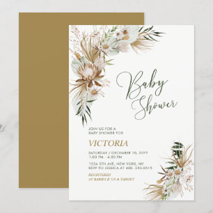 Invitación Baby Shower Botánico Boho Verde y Dorado