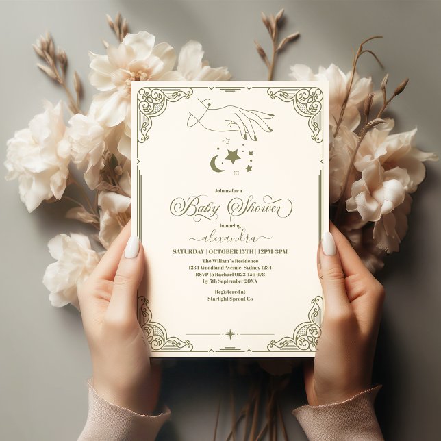 Invitación Baby Shower Botánico Celestial Vintage (Subido por el creador)
