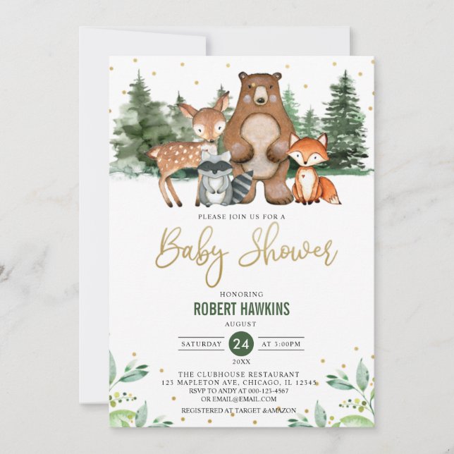 Invitación Baby Shower Botánico de Animales Forestales de Woo (Anverso)