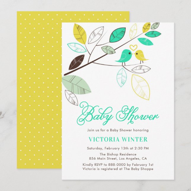 Invitación Baby Shower botánico de Aves Cutas Amarillas y Ave (Anverso / Reverso)