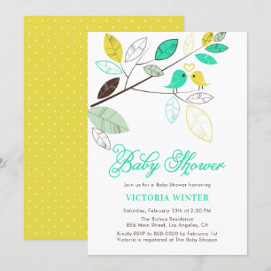 Invitación Baby Shower botánico de Aves Cutas Amarillas y Ave