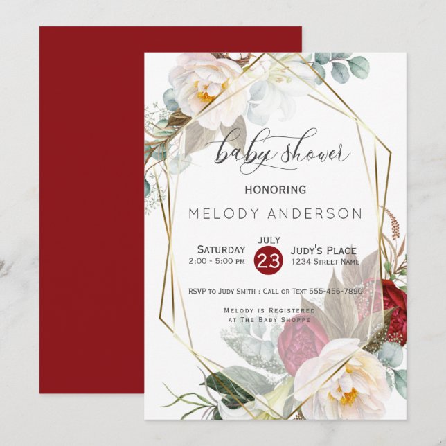 Invitación Baby Shower botánico de Borgoña Ivory Peonies (Anverso / Reverso)