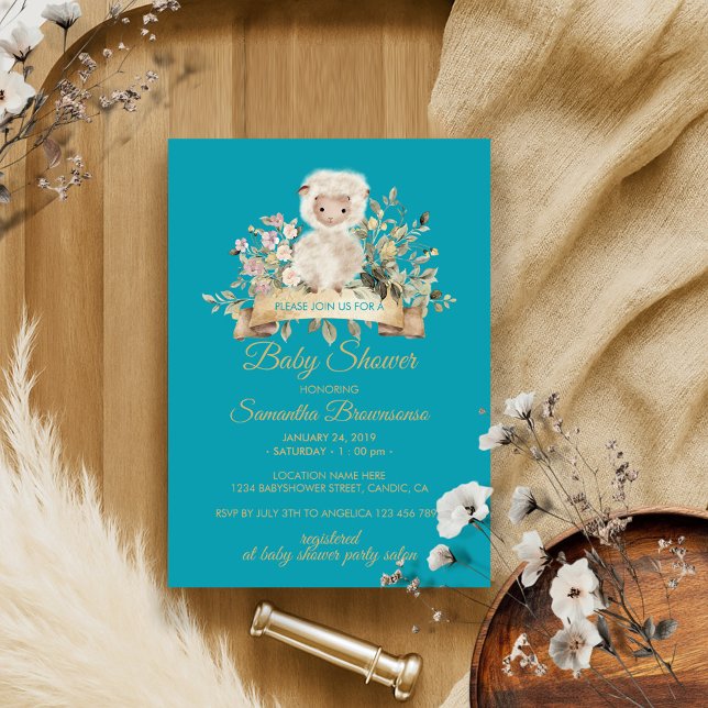 Invitación Baby Shower botánico de cordero verde (Subido por el creador)