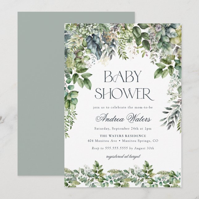 Invitación Baby Shower Botánico de Eucalipto Acuarela (Anverso / Reverso)