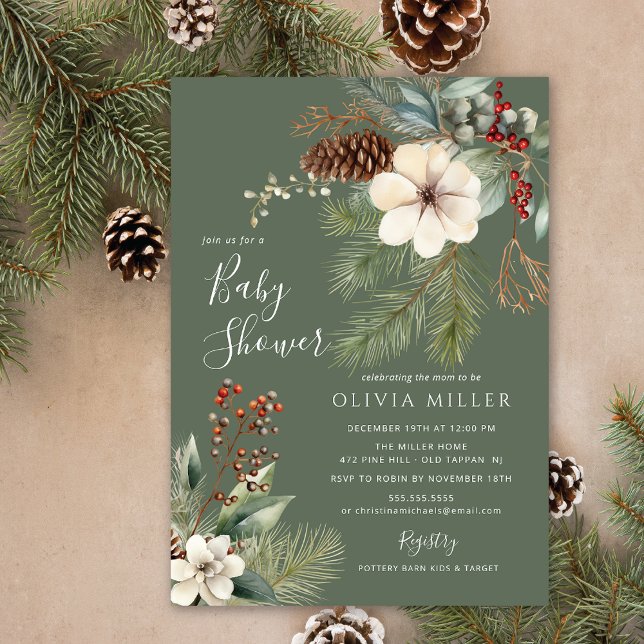 Invitación Baby Shower Botánico de Invierno de Pine Branch (Subido por el creador)