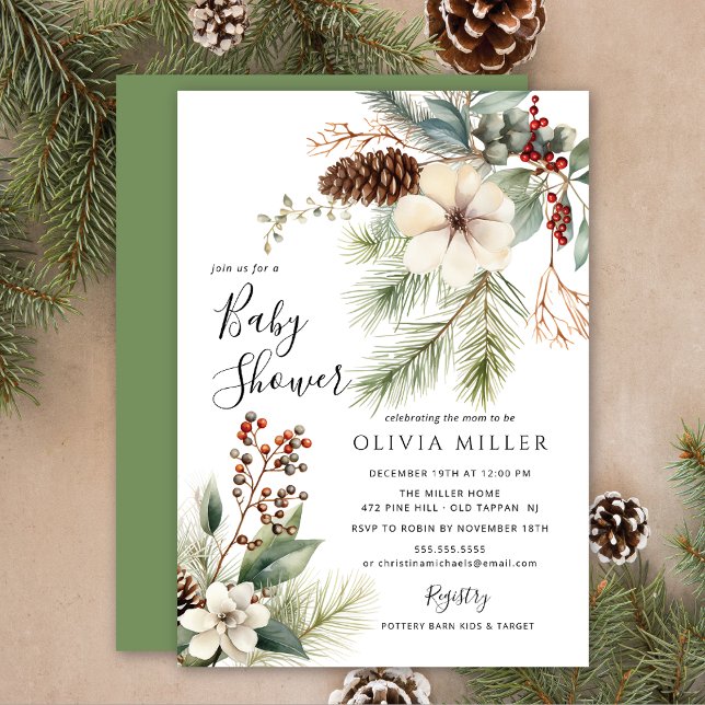 Invitación Baby Shower Botánico de Invierno de Pine Branch (Subido por el creador)