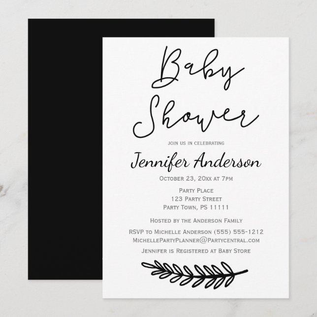 Invitación Baby Shower botánico floral blanco negro simple (Anverso / Reverso)
