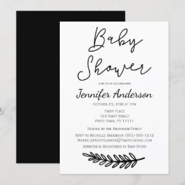 Invitación Baby Shower botánico floral blanco negro simple