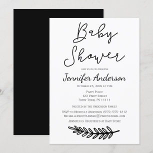 Invitación Baby Shower botánico floral blanco negro simple