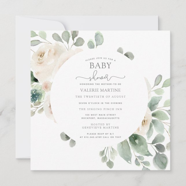 Invitación Baby Shower Botánico Floral de Rosa Blanca (Anverso)