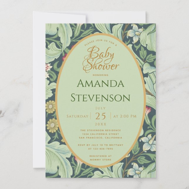 Invitación Baby Shower Botánico Gold Green Leaves Leicester (Anverso)