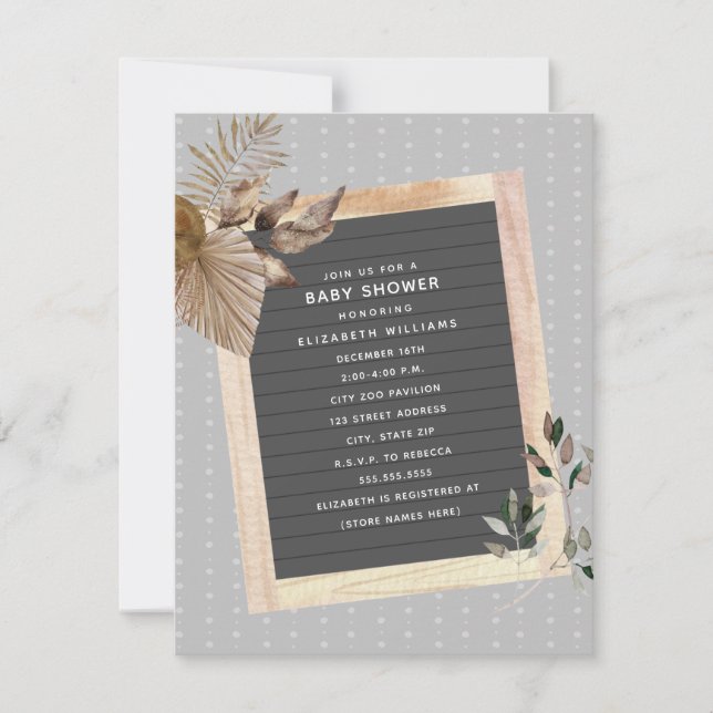 Invitación Baby Shower botánico Letterboard (Anverso)