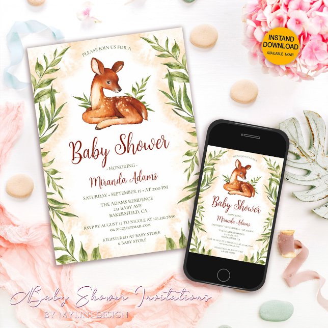 Invitación Baby Shower botánico Little Fawn (Subido por el creador)