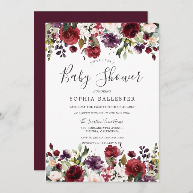 Invitación Baby Shower Botánico Rojo de Borgoña (Anverso / Reverso)