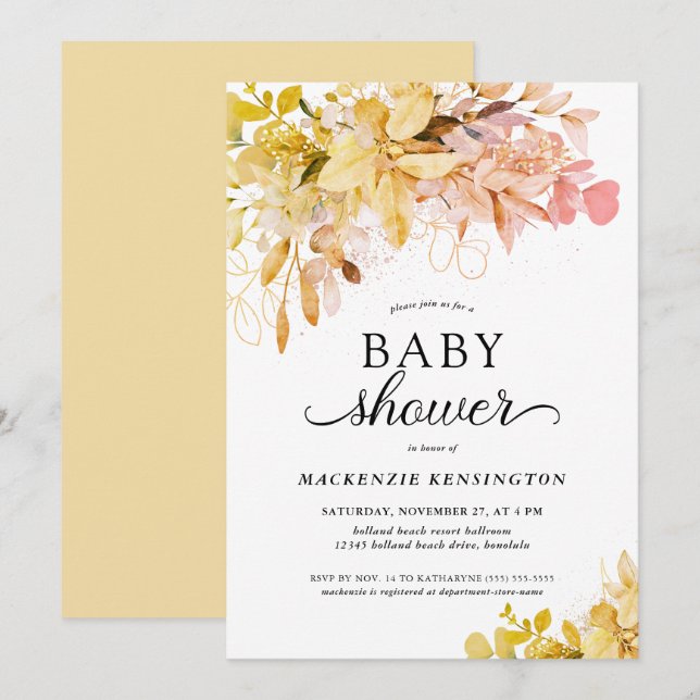 Invitación Baby Shower botánico rosa amarillo Rubor (Anverso / Reverso)
