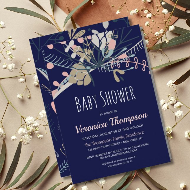 Invitación Baby Shower Botánico Rústico Azul Oscuro y Pastel (RUSTIC DARK BLUE BOTANICAL BABY SHOWER INVITATION)