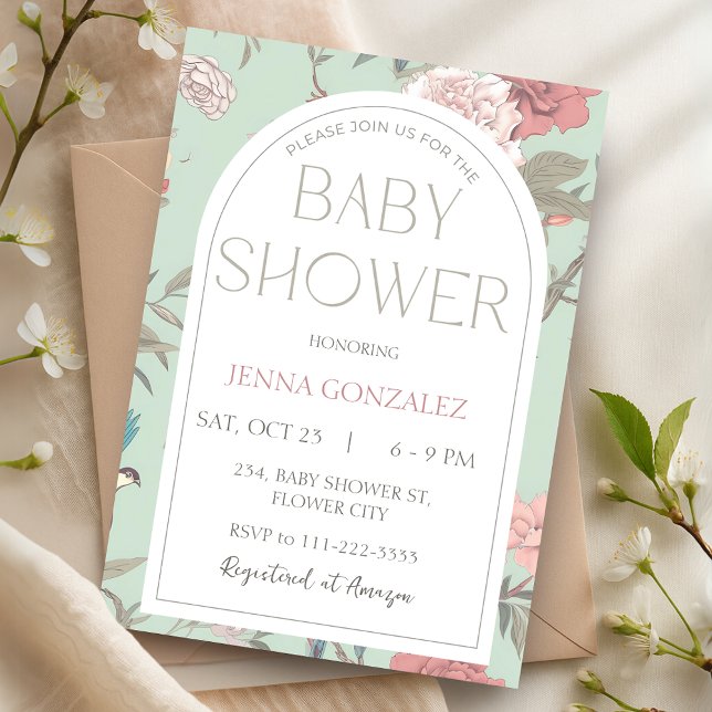 Invitación Baby Shower Botánico Sage Green Chinoiserie (Sage Green Chinoiserie Botanical Baby Shower Invitation)