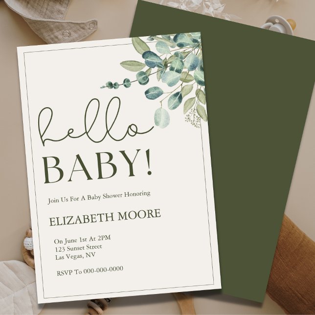 Invitación Baby Shower Botánico Sage Green Hello Baby (Subido por el creador)