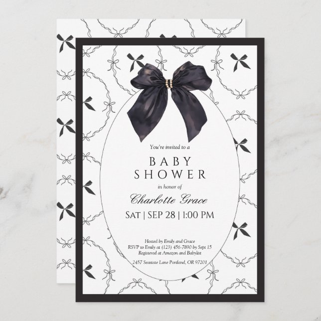 Invitación Baby Shower Bow Black Elegant (Anverso / Reverso)