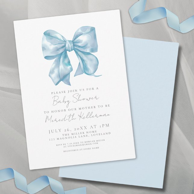Invitación Baby Shower Bow Blue Sencillo Elegante (Simple Elegant Blue Bow Baby Shower Invitation)
