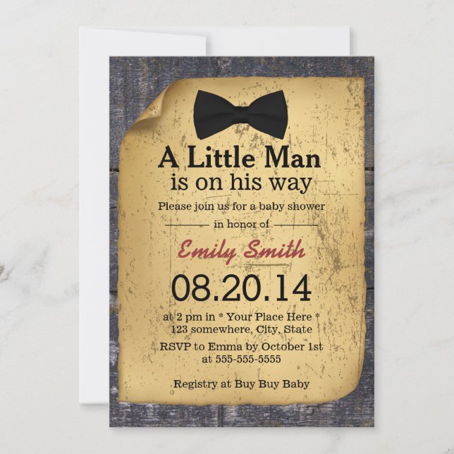 Invitación Baby Shower Bow Tie Rustic Wood Boy (Anverso)