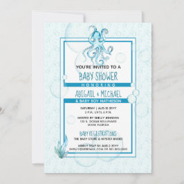 Invitación Baby Shower #Boy Azul y Verde azulada acuarela #Oc