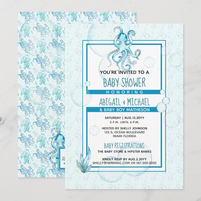 Invitación Baby Shower #Boy Azul y Verde azulada acuarela #Oc (Anverso / Reverso)