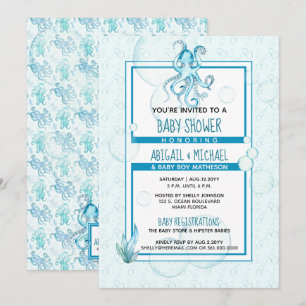 Invitación Baby Shower #Boy Azul y Verde azulada acuarela #Oc