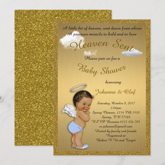 Invitación Baby Shower Boy, Baby Angel, purpurina, Gold (Anverso / Reverso)