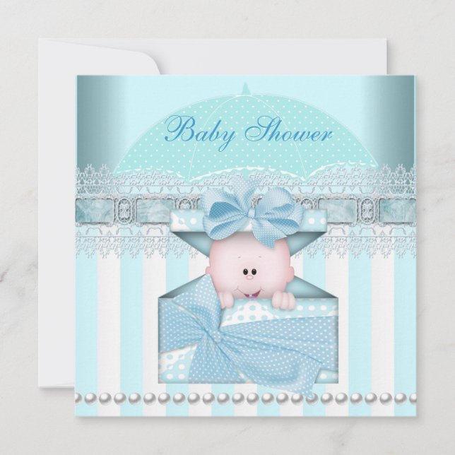 Invitación Baby Shower Boy Baby Blue Banda paraguas Verde azu (Anverso)
