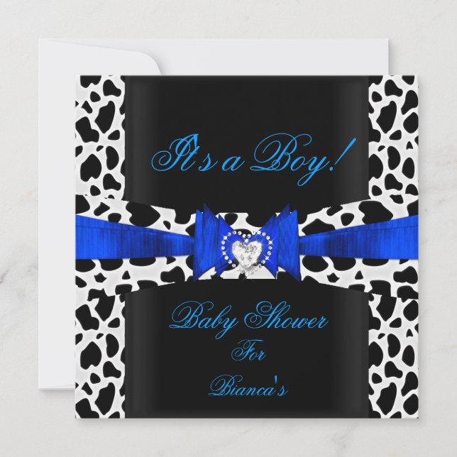 Invitación Baby Shower Boy Baby Blue Black White Cow Print (Anverso)