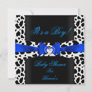 Invitación Baby Shower Boy Baby Blue Black White Cow Print