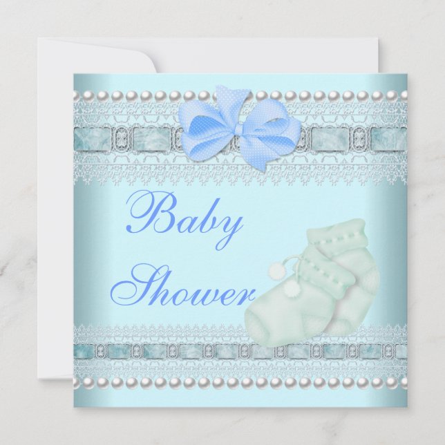 Invitación Baby Shower Boy Baby Blue Booties Pearl Lace (Anverso)