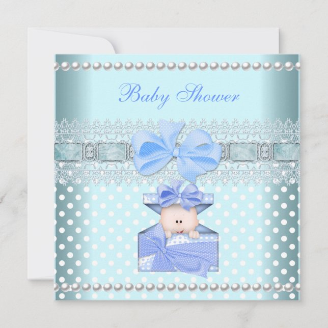 Invitación Baby Shower Boy Baby Blue Gift Pearl Lace Spot (Anverso)