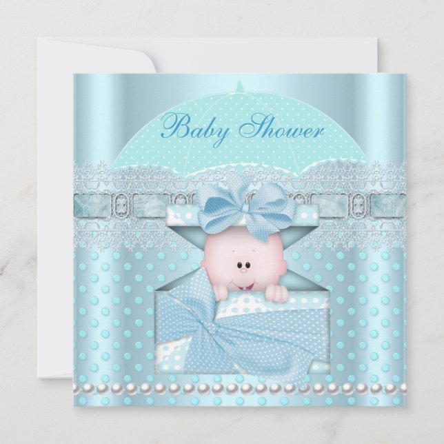 Invitación Baby Shower Boy Baby Blue Paraguas Verde azulado (Anverso)