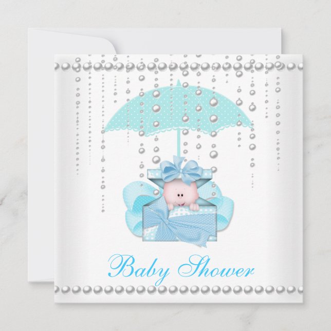 Invitación Baby Shower Boy Baby Blue Umbrella Pearl White (Anverso)