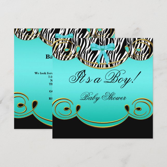 Invitación Baby Shower Boy Baby Verde azulada Blue Zebra (Anverso / Reverso)