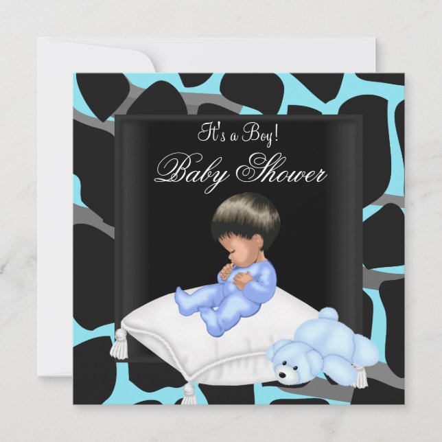 Invitación Baby Shower Boy Blue Black Animal Print (Anverso)