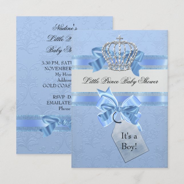 Invitación Baby Shower Boy Blue Little Prince Crown SML (Anverso / Reverso)