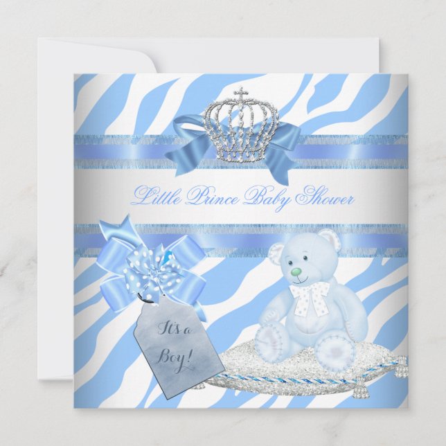 Invitación Baby Shower Boy Blue Zebra Prince Crown Teddy Bear (Anverso)
