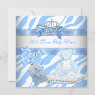 Invitación Baby Shower Boy Blue Zebra Prince Crown Teddy Bear