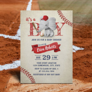 Invitación Baby Shower Boy Cute Elephant Baseball