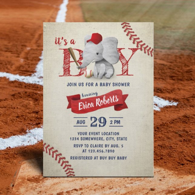 Invitación Baby Shower Boy Cute Elephant Baseball (Subido por el creador)