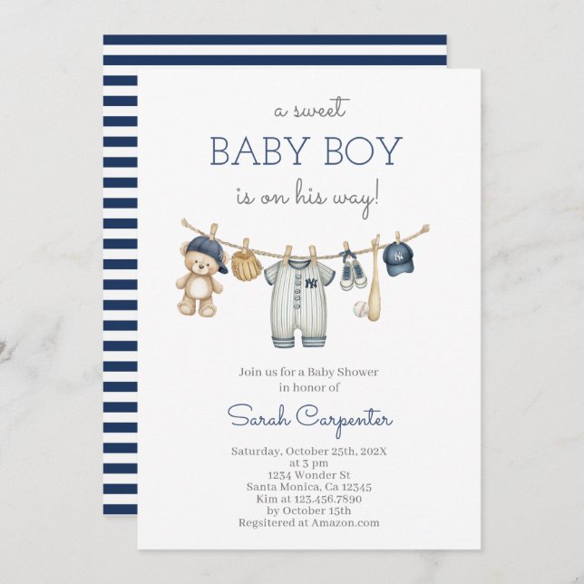 Invitación Baby Shower Boy editable de béisbol (Anverso / Reverso)
