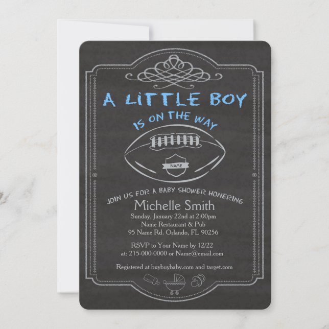Invitación Baby Shower Boy Invite al Fútbol con Tarjeta. (Anverso)