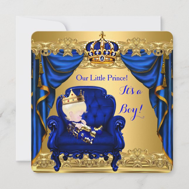 Invitación Baby Shower Boy Little Prince Royal Blue Golden 3 (Anverso)